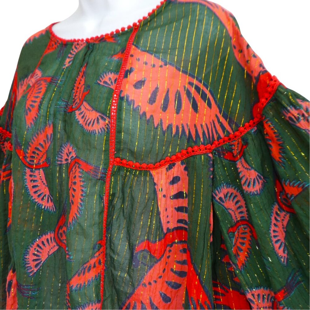 Rachel Zoe Metallic Kimono Blouse Flying Bird Print Boho Peasant Green Red Gold - Picture 3 of 9